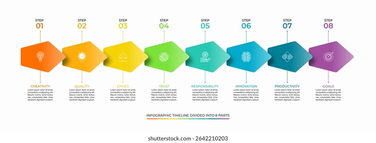 Modelo de vetor de linha do tempo infográfico colorido de 8 etapas. Layout simples e mínimo, ideal para apresentações, relatórios, planejamento de estratégia ou visuais corporativos. Totalmente editável e escalável.