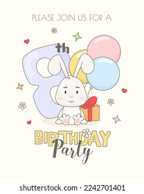 Colorful 8th birthday invitation card template with cute bunny, gift box and balloons.
