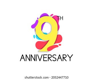 Colorful 9 year anniversary logo design. 9th birthday geometric vector. Celebration, happiness, trendy, and fun