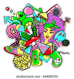 Colorful 90s fashion patches doodle template with badges and pins in comic style vector illustration