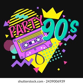 Colorful 90s logo vector illustration in pop art style. Party in the style of the 90s. Ninety years emblem numeral retro symbol on a black background. Aesthetic background of fashion and graphics