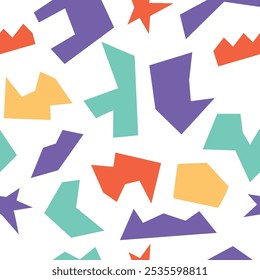 Colorful 90s memphis style pattern with cutout shapes on white background