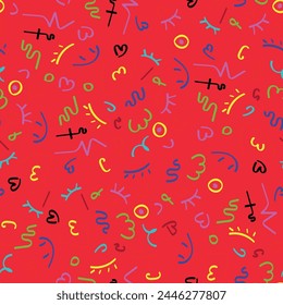 Colorful 90s seamless pattern. Squiggle kid background, doodle minimalistic wallpaper with basic forms and lines. Vector scribble backdrop