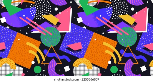 Colorful 90s style geometric shape seamless pattern. Trendy flat cartoon illustration background with retro decoration. Nostalgic zig zag lines, triangle element wallpaper, 80s fashion texture print.