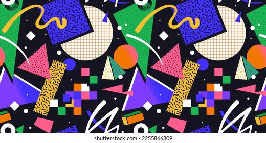 Colorful 90s style geometric shape seamless pattern. Trendy flat cartoon illustration background with retro decoration. Nostalgic zig zag lines, triangle element wallpaper, 80s fashion texture print.