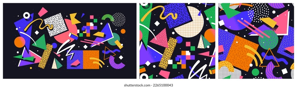 Colorful 90s style geometric shape seamless pattern. Trendy flat cartoon illustration background with retro decoration. Nostalgic zig zag lines, triangle element wallpaper, 80s fashion texture print.
