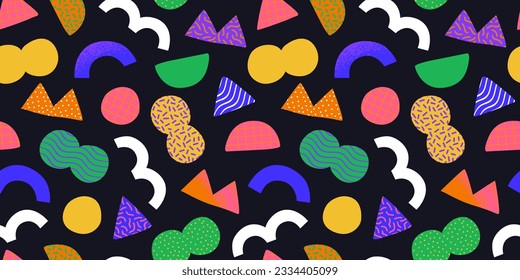 Colorful 90s style geometric shape seamless pattern. Trendy flat cartoon illustration background with retro decoration. Nostalgic zig zag lines, triangle element wallpaper, 80s fashion texture print.