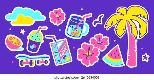 Colorful 90s-inspired sticker collection with tropical fruits, drinks, flowers, and palm trees. Perfect for planners, beach parties, fun gifts, and summer designs