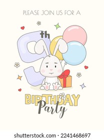 Colorful 9th birthday invitation card template with cute bunny, gift box and balloons.