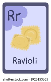 Colorful abc education flash card, Letter R - ravioli, Italian food. Alphabet vector illustration with food, fruits and vegetables. School, study, learning concept.