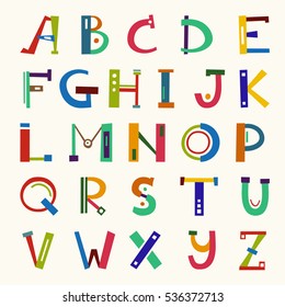 Coloridas Cartas Graciosas ABC. Ilustración dibujada a mano vectorial. Alfabeto inglés infantil