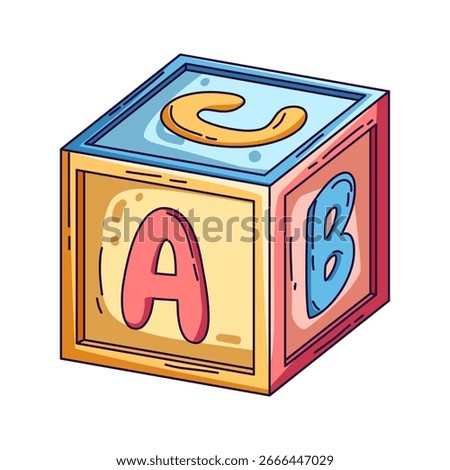 Colorful ABC letter block cube on white. Friendly cartoon style with bold outlines—ideal for preschool, early learning, daycare branding, and education materials.