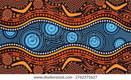 Colorful Aboriginal Wave Pattern Background with Flowing Lines and Dot Art Design