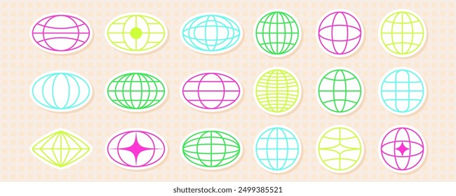 Colorful abstract 2D spheres with grid lines and wireframe patterns, in retro Y2K sticker style. Bright geometric and mesh elements create a vibrant, futuristic aesthetic.