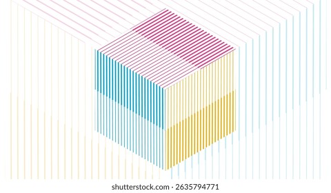 Cubo 3d abstrato colorido com linhas mínimas, fundo tecnológico geométrico. Design linear de conceito de vetor