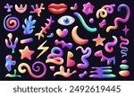 Colorful abstract 3d shapes set in plastic style. Vector multicolored elements in y2k design. Kid 3D forms on dark background.
