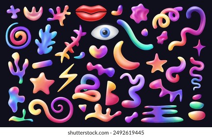 Colorful abstract 3d shapes set in plastic style. Vector multicolored elements in y2k design. Kid 3D forms on dark background.