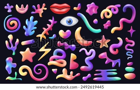 Colorful abstract 3d shapes set in plastic style. Vector multicolored elements in y2k design. Kid 3D forms on dark background.