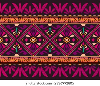 The colorful abstract ancient fabric pattern. This pattern design consists of geometric shapes and vintage floral motifs. The seamless repeating pattern design for printing on textiles and clothing.