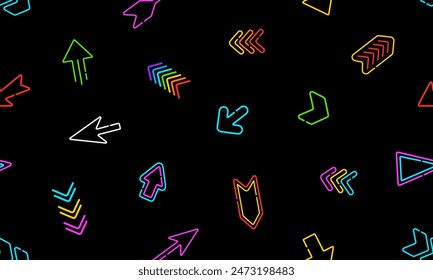 Colorful Abstract Arrow seamless pattern background. Vector Neon arrow pointer on black background. Arrows signs Pointers symbols and elements abstract background for print, wallpaper and textile dsgn