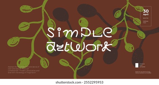 Colorful abstract art gallery horizontal banner with bold foliage. Creative modern inscription artistic poster design. Imaginative, vibrant and expressive art. Floral simple artwork print template