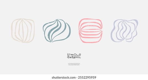 Colorful abstract art gallery horizontal banner with bold curved striped shapes. Creative modern inscription artistic poster design. Imaginative, delicate and primitive naive artwork print template