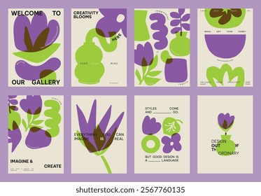 Colorful abstract art posters with purple and green shapes. Creative design with bold, vibrant patterns. Art gallery theme with imaginative, modern style. Creative floral poster template vector set.