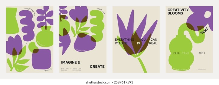 Colorful abstract art posters with purple and green shapes. Creative design with imaginative, vibrant patterns. Inspire creativity with bold, artistic visuals. Creative floral poster template vector.