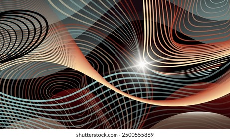 Colorful abstract art wallpaper. Flash of light, composition of overlapping smooth lines and overlapping shapes on a dark background. Vector.