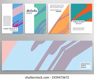 Colorful abstract artistic backgrounds set. Universal grunge texture, brush strokes style, modern art. Business banner, poster, card template with trendy geometric composition. Vector illustration