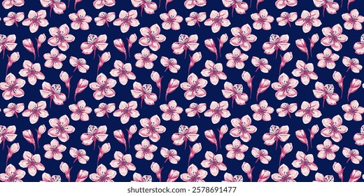 Colorful abstract artistic florals  pattern on a dark background. Vector hand drawing. Ditsy tiny flowers and small buds seamless print. Designs ornaments for textiles, fabric, cover