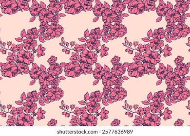 Colorful abstract artistic florals stems in a many kinds blooming wild flowers intertwined in a seamless pattern on a light background. Vector hand drawing illustration. Design for fabric, textiles