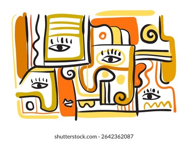 colorful abstract artwork featuring fragmented faces and organic shapes.