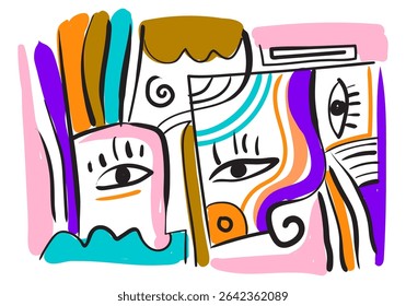 colorful abstract artwork featuring fragmented faces and organic shapes.