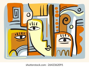 colorful abstract artwork featuring fragmented faces and organic shapes.