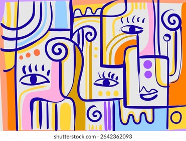 colorful abstract artwork featuring fragmented faces and organic shapes.