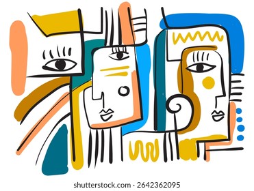 colorful abstract artwork featuring fragmented faces and organic shapes.