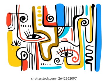 colorful abstract artwork featuring fragmented faces and organic shapes.