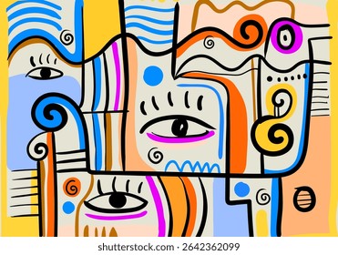 colorful abstract artwork featuring fragmented faces and organic shapes.