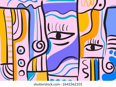 colorful abstract artwork featuring fragmented faces and organic shapes.