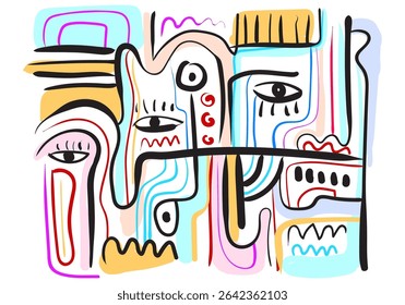 colorful abstract artwork featuring fragmented faces and organic shapes.