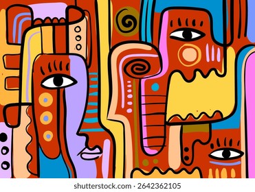 colorful abstract artwork featuring fragmented faces and organic shapes.