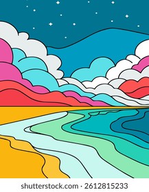 Colorful abstract artwork illustrating dynamic landscapes with flowing waves, mountains, and stars. The bright and vibrant colors convey energy, inspiration, and a sense of creativity in a unique arti