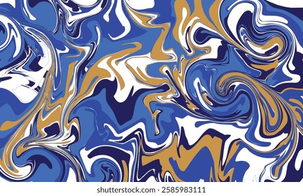 Colorful abstract artwork showcasing swirling patterns in blue, gold, and white tones. The vibrant display captures movement and artistic expression, perfect for backgrounds or artistic designs.