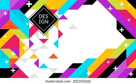 Colorful abstract background with angular geometric shapes forming a vibrant frame, plus symbols scattered throughout and a central white space for text or design focus.