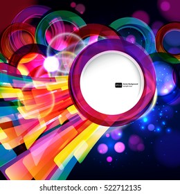 Colorful abstract background with bokeh defocused lights. Round banner for your text.