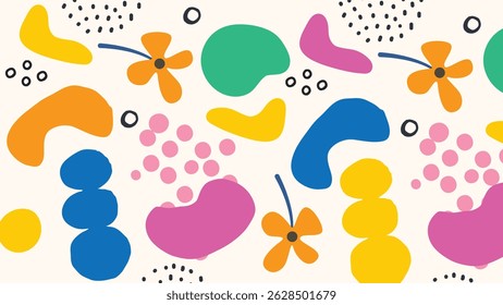 Colorful abstract background with bold organic shapes and hand-drawn elements. Perfect for kids projects, branding, and creative visuals.