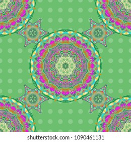 Colorful abstract background. Bright seamless pattern with vector geometric ornament in Christmas traditional colors (green, blue and yellow). Ornamental vivid wallpaper. Ethnic and tribal motifs.