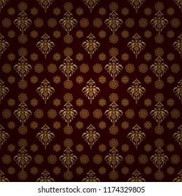 Colorful abstract background. Bright seamless pattern with vector geometric ornament in Christmas traditional colors (golden on brown). Ethnic and tribal motifs. Ornamental vivid wallpaper.