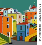 Colorful abstract background,  buildings, blue. Green, red